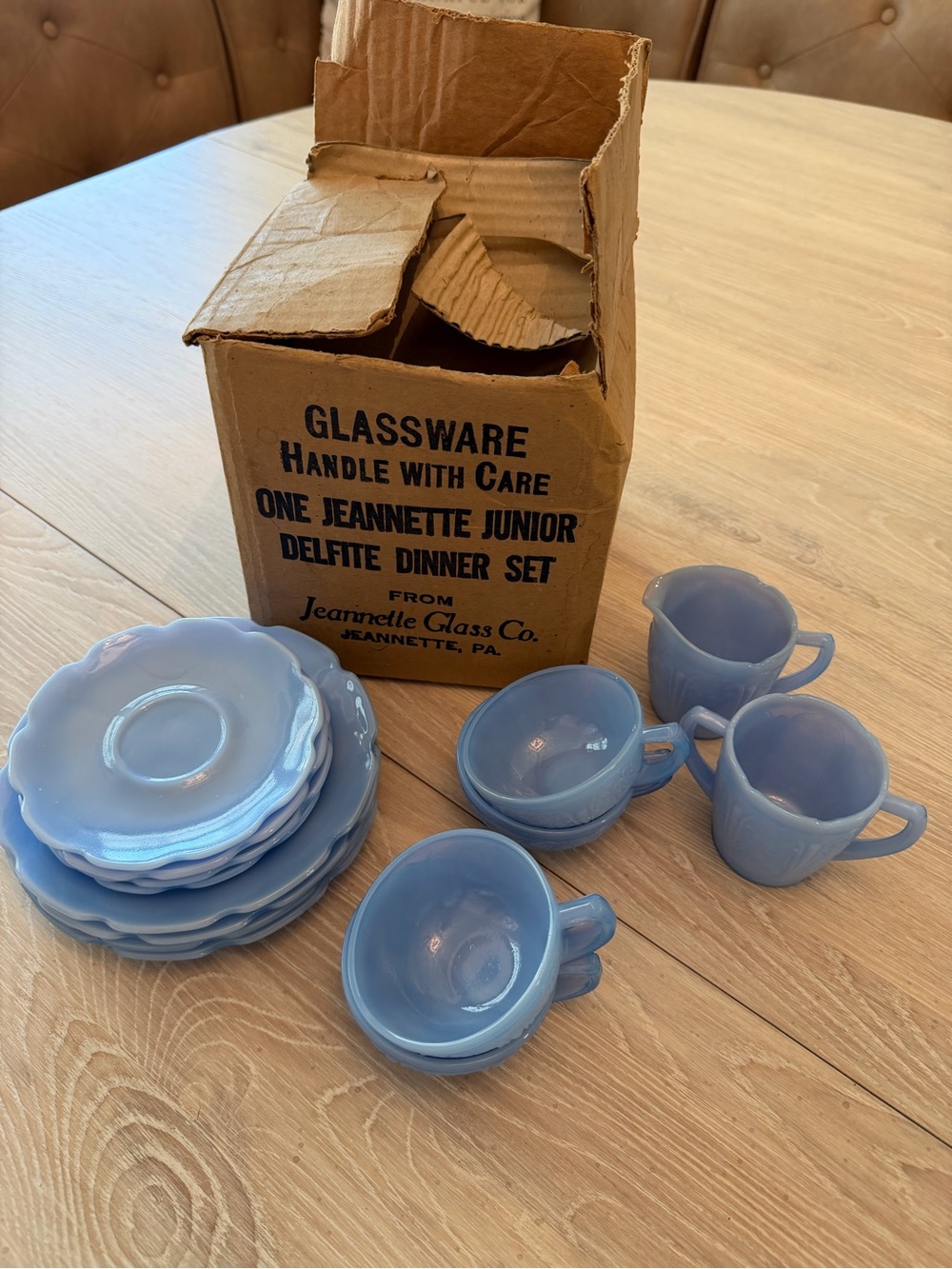 1930’s Jeannette Delfite Light Blue Glass Junior Mini Tea Set Cherry Design